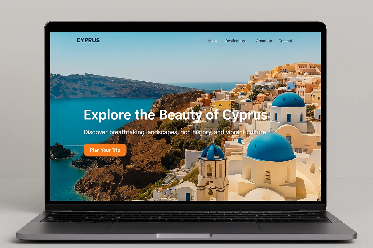 Laptop screen showing a Cyprus tourism website with coastal background.